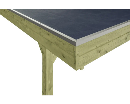 Detailansicht eines Holzpavillons mit Flachdach und Aluminiumabschluss