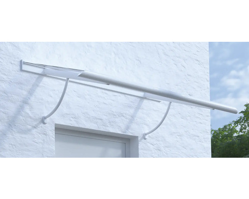 Vordach ARON Pultform Paris VSG 150x75 cm weiß inkl. Konsole R und Regenrinne rechts geschlossen