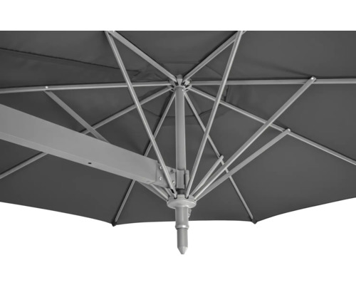 Detailansicht von unten eines Sonnenschirms mit Metallgestell