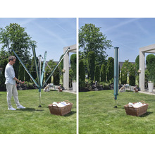 Zwei Ansichten einer drehbaren Wäschespinne im Garten, einmal geöffnet und einmal geschlossen.