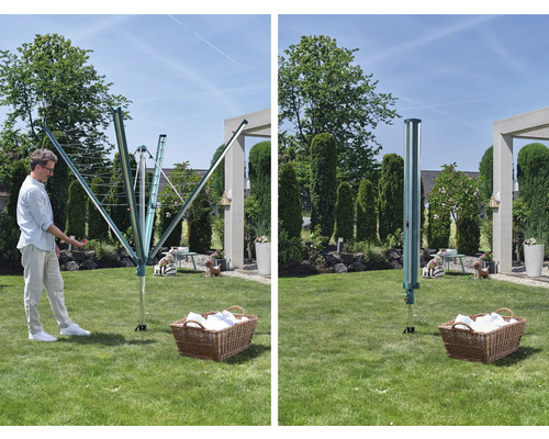 Zwei Ansichten einer drehbaren Wäschespinne im Garten, einmal geöffnet und einmal geschlossen.