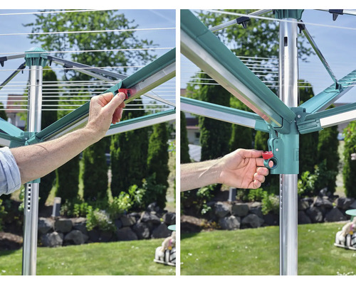 Detailansicht eines Wäscheständers mit Höhenverstellung und Feststellmechanismus im Garten