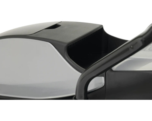 Detailansicht eines Rasenmähers mit Fangkorb und Griff