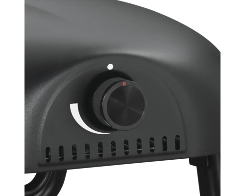 Nahaufnahme eines schwarzen Gasgrillreglers zur Steuerung der Hitze.