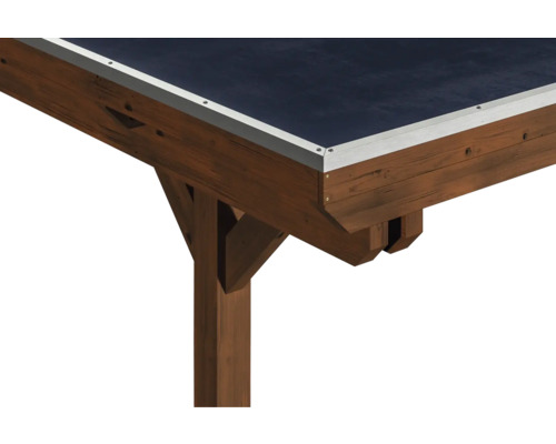 Detailansicht des Holzpavillons mit Dachabdichtung und Aluminiumabdeckung