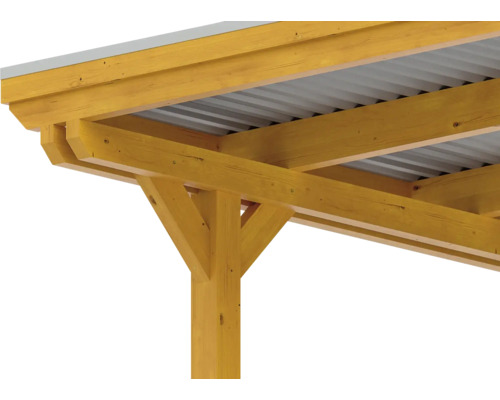 Detailansicht eines Holzpavillons mit Metalldach