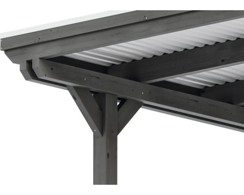 Detailansicht eines Holzpavillons mit Metaldach