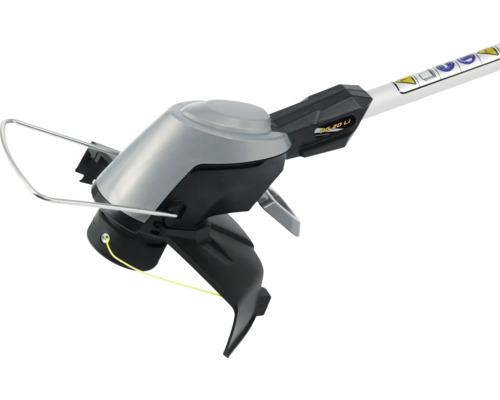 Detailansicht eines Akku-Rasentrimmers mit Fadenspule und Pflanzenschutzbügel