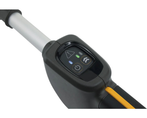 Bedienfeld einer Gartengeräte-Teleskopstange mit Warnsymbol, Batteriestandsanzeige, Geschwindigkeitstaste und Ein-Aus-Schalter