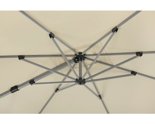 Ansicht von unten auf einen Sonnenschirm mit Metallrahmen und Stoffbespannung