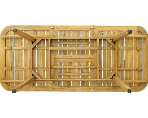 Unterseite eines Gartentisches aus Holz mit Beinen