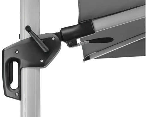 Detailaufnahme eines Sonnenschirms mit Kurbelmechanismus zur Bedienung