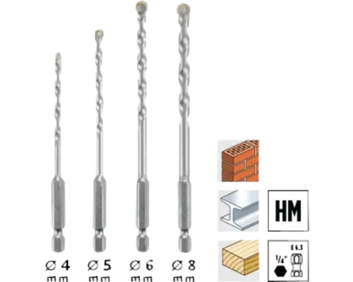 Satz aus vier Steinbohrern mit Durchmessern von 4 mm bis 8 mm