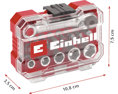 Ein Einhell Bit- und Steckschlüsselsatz mit Ratsche in transparenter Kunststoffverpackung.