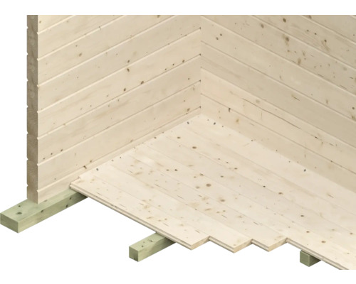 Detailansicht des Holzhauses mit Nut- und Federbrettern und Fundamentrahmen