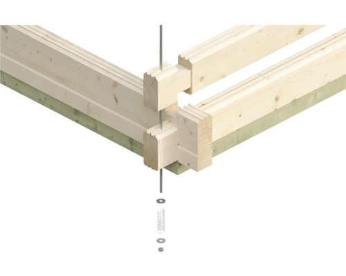 Eckverbindung eines Holzhauses mit Schrauben