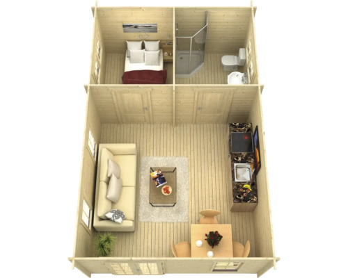 Grundriss eines Holzhauses mit Schlafzimmer, Bad, Wohnzimmer und Küche
