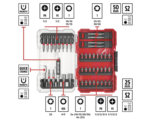 Einhell Logo Bitset mit verschiedenen Bitaufsätzen in einem geöffneten roten und transparenten Kasten