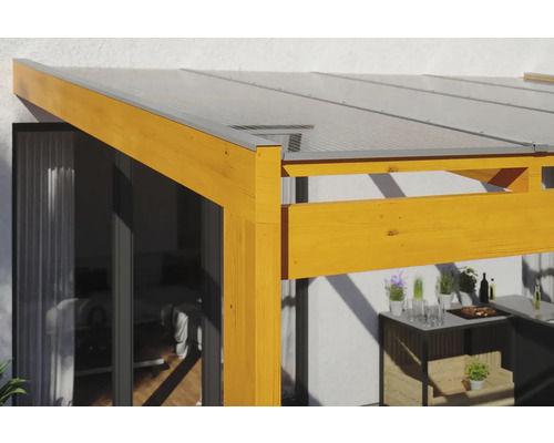 Detailansicht einer Holzterrasse mit transparentem Dach