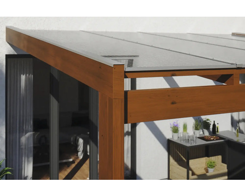 Detailansicht eines Holzterrassendachs mit Polycarbonatplatten