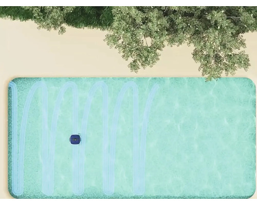 Ansicht von oben eines Schwimmbeckens mit einem Poolreinigungsroboter während des Reinigungsvorgangs.