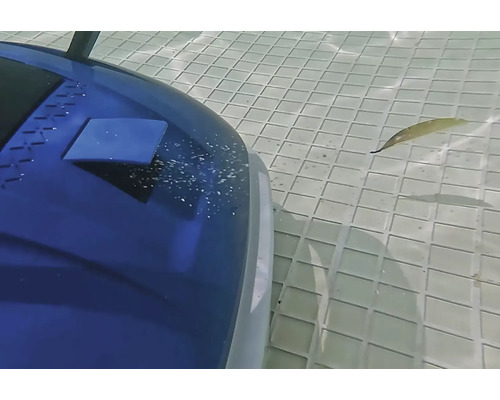 Schwimmbadreiniger im Einsatz unter Wasser mit Blatt