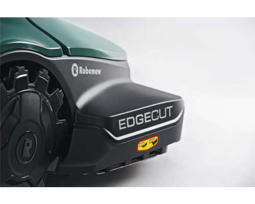 Detailaufnahme eines Robomow Rasenmähroboters mit dem Schriftzug Edgecut und Robomow Logo