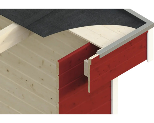 Detailansicht einer Gartenhaus-Ecke mit Dachpappe und Wandelementen