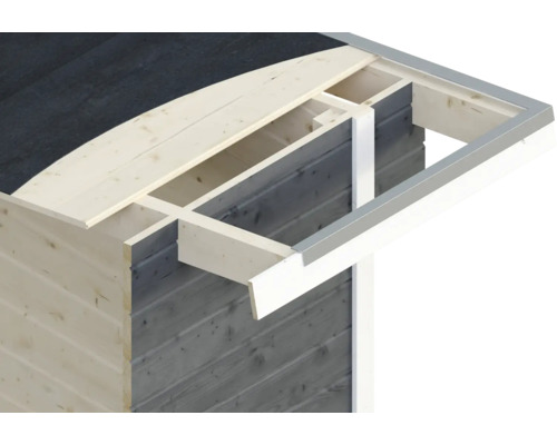 Detailansicht eines Gartenhauses mit Holzwänden und Dachkonstruktion