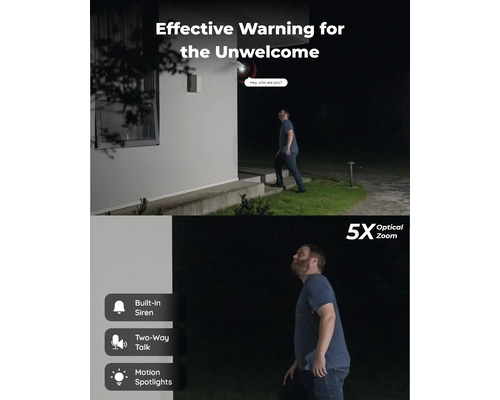 Sicherheitskamera zur effektiven Warnung mit Sirene, Gegensprechanlage, Bewegungsmelder und optischem 5-fach-Zoom.
