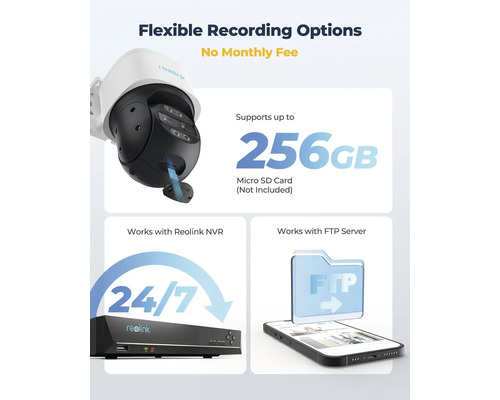 Flexible Aufzeichnungsoptionen der Überwachungskamera mit Unterstützung von bis zu 256 GB Micro SD Karte und 24/7 Reolink NVR Funktion.