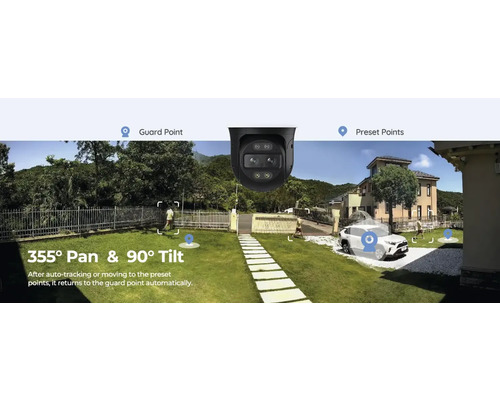 Überwachungskamera mit Schwenk- und Neigefunktion zur Überwachung des Außenbereichs eines Hauses.