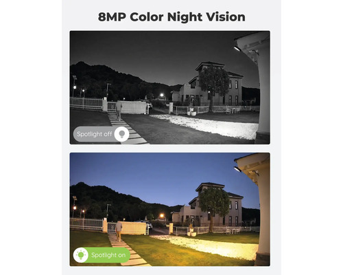 Darstellung der Farbnachtsichtfunktion einer 8 Megapixel Überwachungskamera mit aktiviertem und deaktiviertem Scheinwerfer.