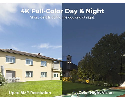 Darstellung eines Hauses tagsüber und nachts mit 4K Full-Color Tag- und Nachtsicht und bis zu 8 MP Auflösung