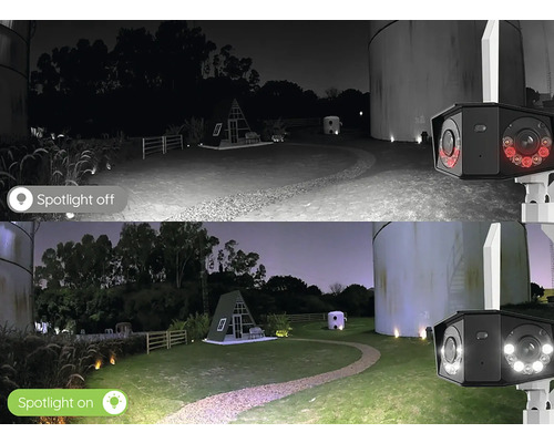 Vergleichsbild der Nachtsichtfunktion einer Überwachungskamera mit und ohne Scheinwerfer