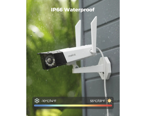 Reolink Überwachungskamera mit IP66 Wasserdichtigkeit an einer Wand montiert