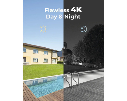 Bild einer Außenanlage am Tag und in der Nacht mit Pool und Haus