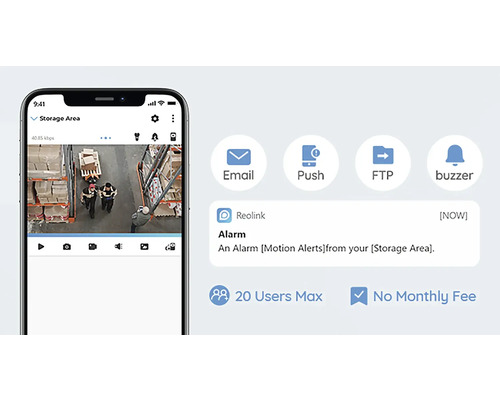 Smartphone-Ansicht einer Reolink Überwachungskamera mit Alarmmeldung, E-Mail, Push-Benachrichtigung, FTP und Buzzer-Funktion, maximal 20 Benutzer, keine monatliche Gebühr
