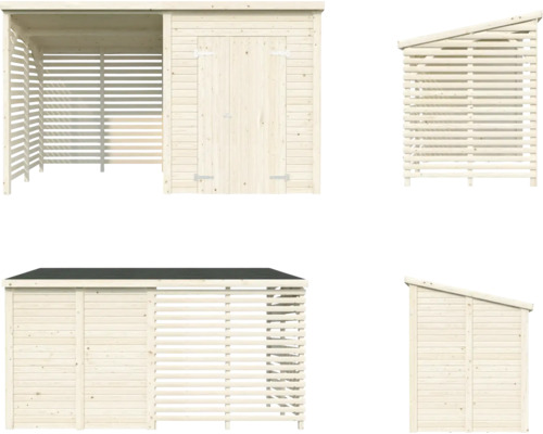 Verschiedene Ansichten eines Holzgartenhauses mit Holzlager