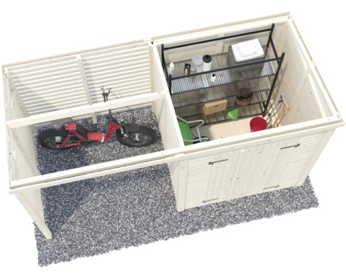 Holzgartenhaus mit Fahrradunterstand und Regalen zur Aufbewahrung