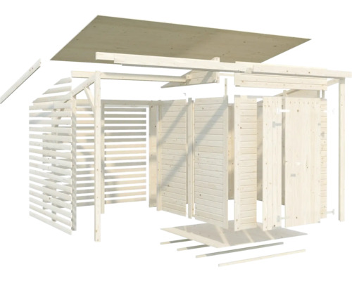 Explosionsdarstellung eines Holz Gartenhauses mit Lamellenwand