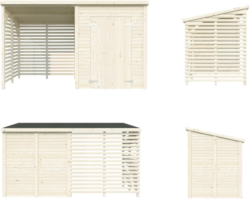 Mehrfachansicht eines Holzschuppens mit Holzlager