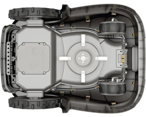 Unterseite eines Rasenmähroboters mit Rädern und Schneidwerkzeugen
