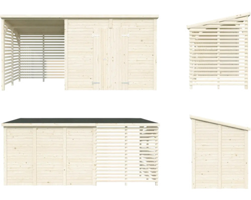 Mehrere Ansichten eines Holzschuppens mit Holzlager