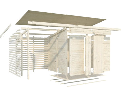 Explosionszeichnung eines Gartenhauses aus Holz