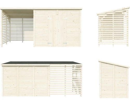 Holzgartenhaus mit Geräteschuppen und Holzlager