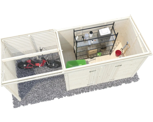 Gartenhaus mit Fahrrad und Regal für Gartengeräte