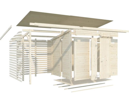 Explosionszeichnung eines Gartenhauses aus Holz