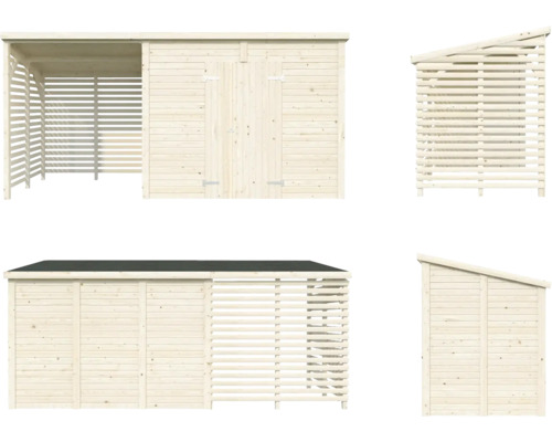 Mehrfachansicht eines Holzgartengerätehauses mit Anbau für Brennholz.