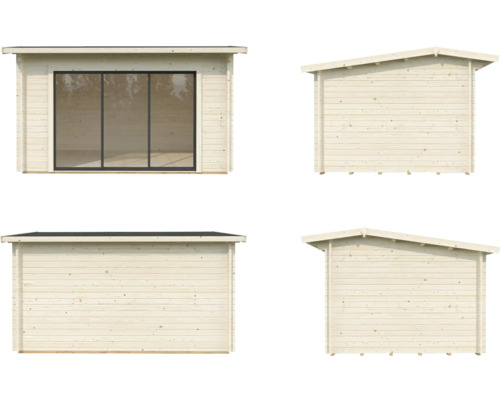 Gartenhaus aus Holz mit Schiebetür und Pultdach in verschiedenen Ansichten